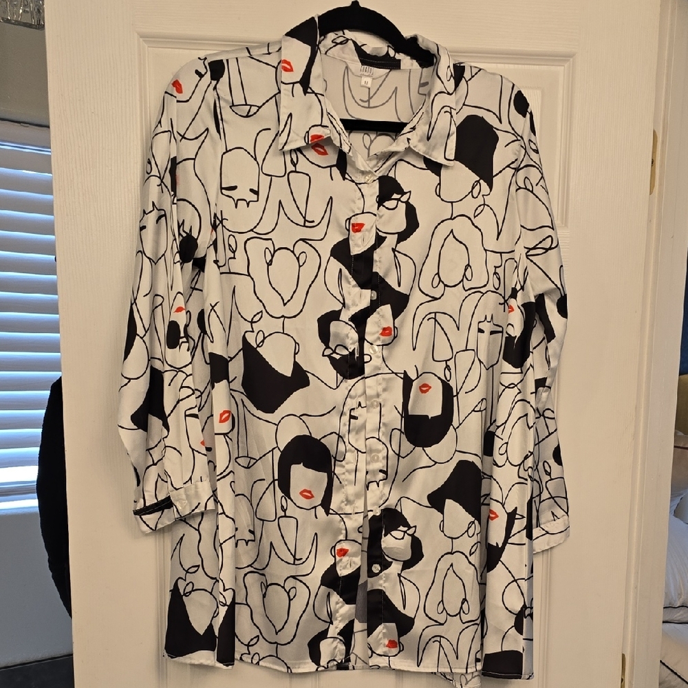 Kaktus Black and White Button Down Shirt with Red Accents